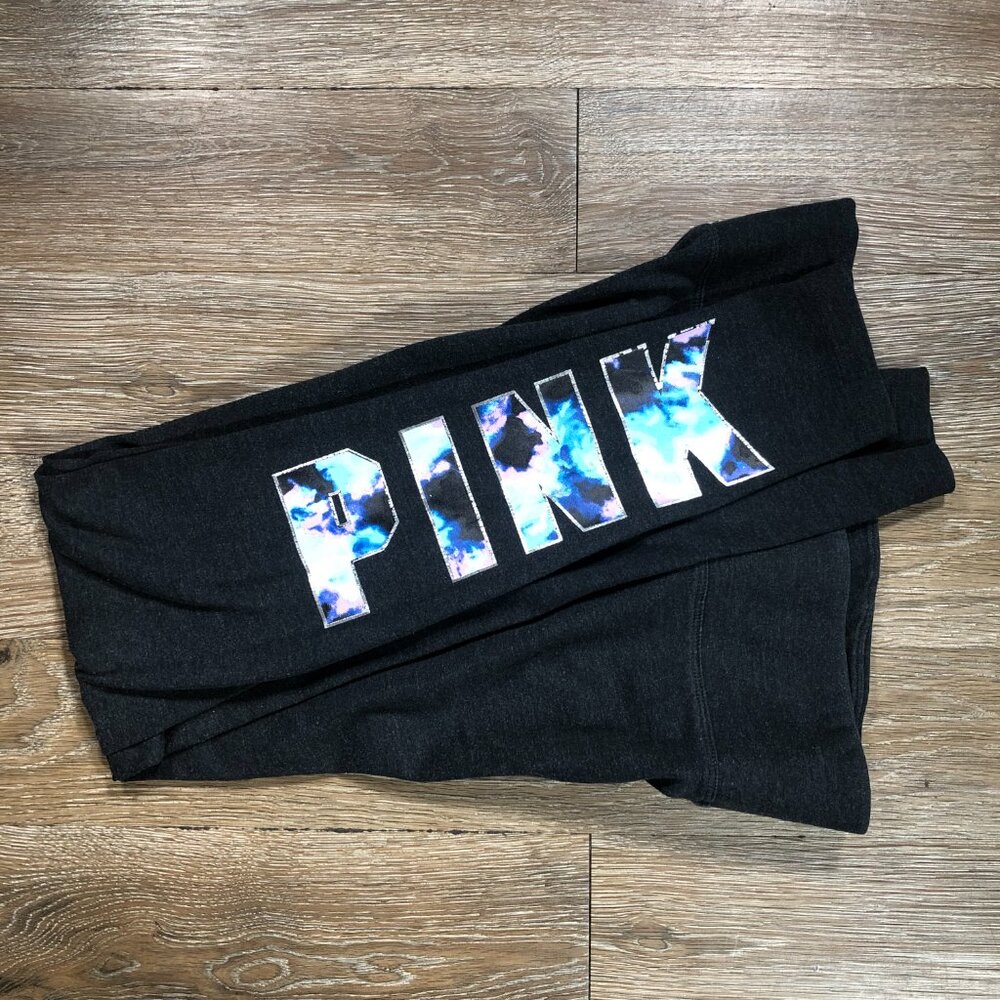 Victorias Secret PINK Womans Small Yoga Leggings Black Floral Silver Dog Logo - Picture 2 of 5